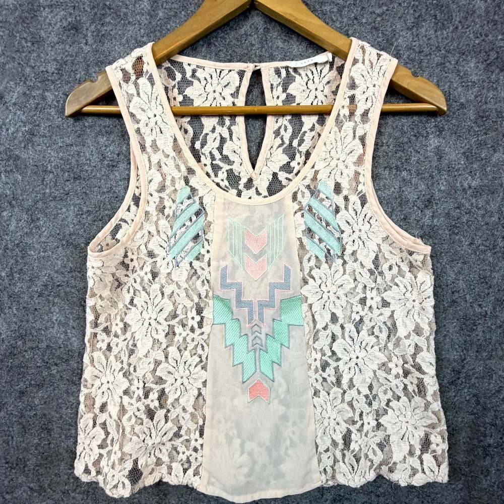 Lace Bohemian‎ Womens Tank Top S Beige Floral Aztec Sheer Embroidered Scoop Neck